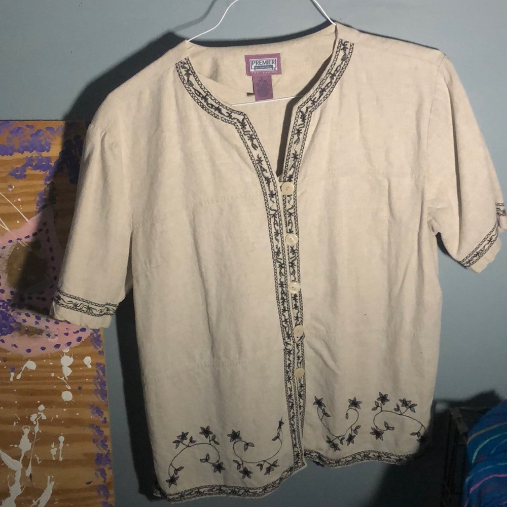 Linen Embroidered Button-Up Top